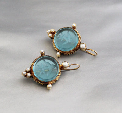 Blue Round Intaglio Earrings, Victorian Bridal Style, Gold Plated, photo 5