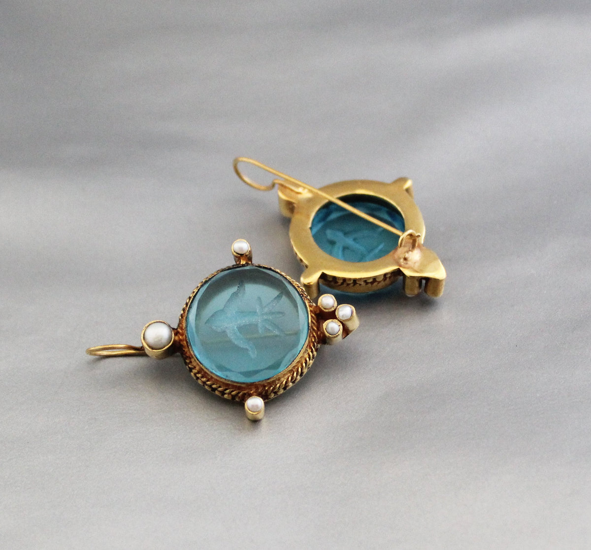 Blue Round Intaglio Earrings, Victorian Bridal Style, Gold Plated, photo 7