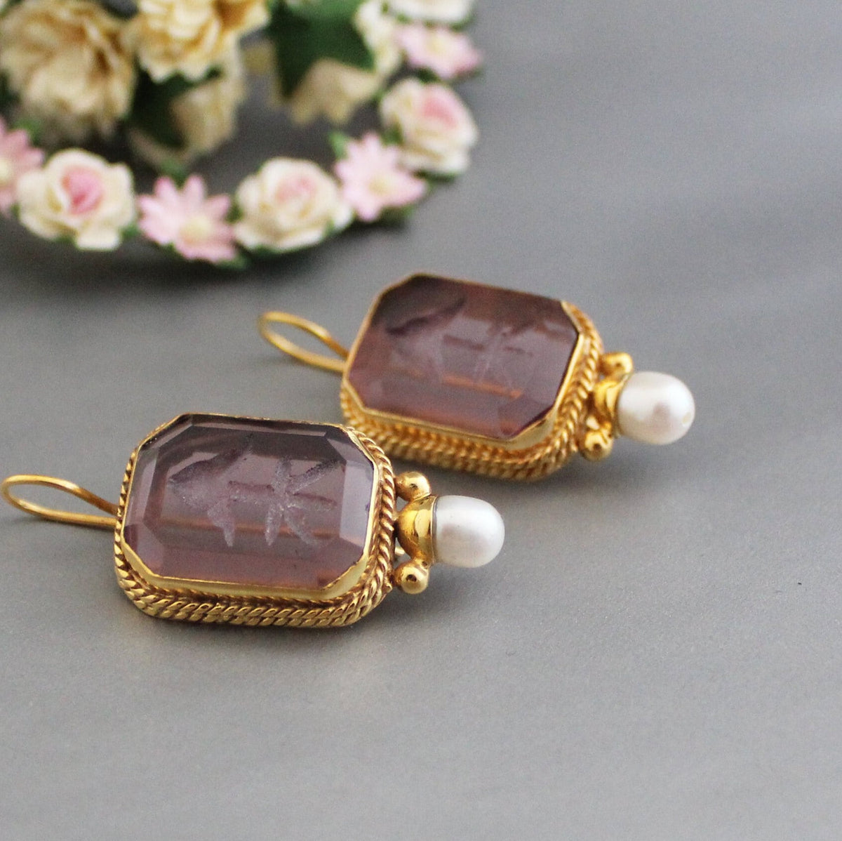 Intaglio Glass Hoop Earrings, Victorian Art Deco Pearl Drops, Brass