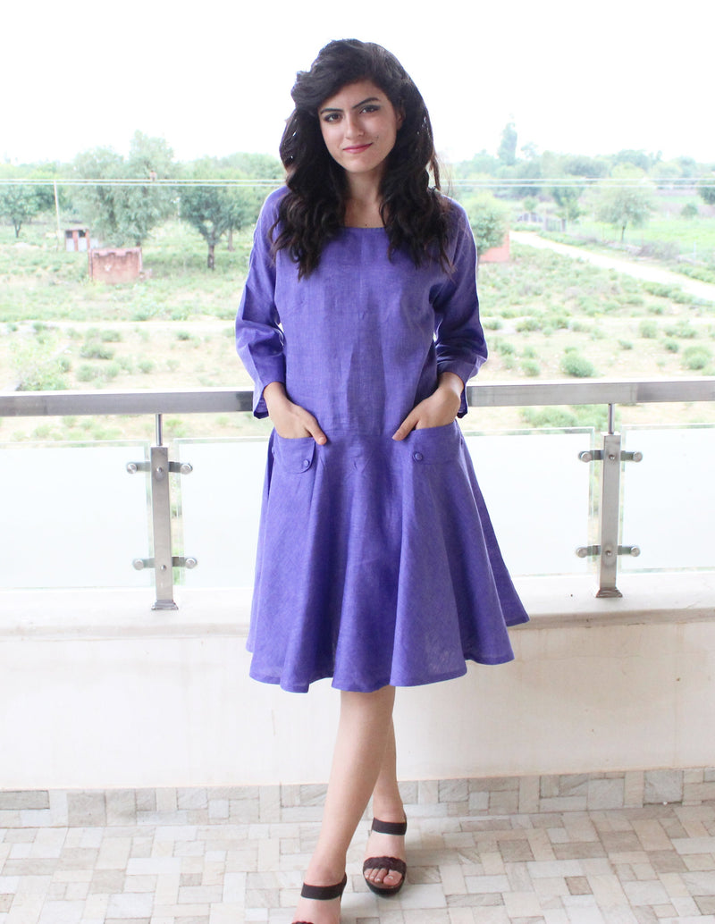 Linen long waist knee length dress with circle skirt, Party dress, Gift for her
