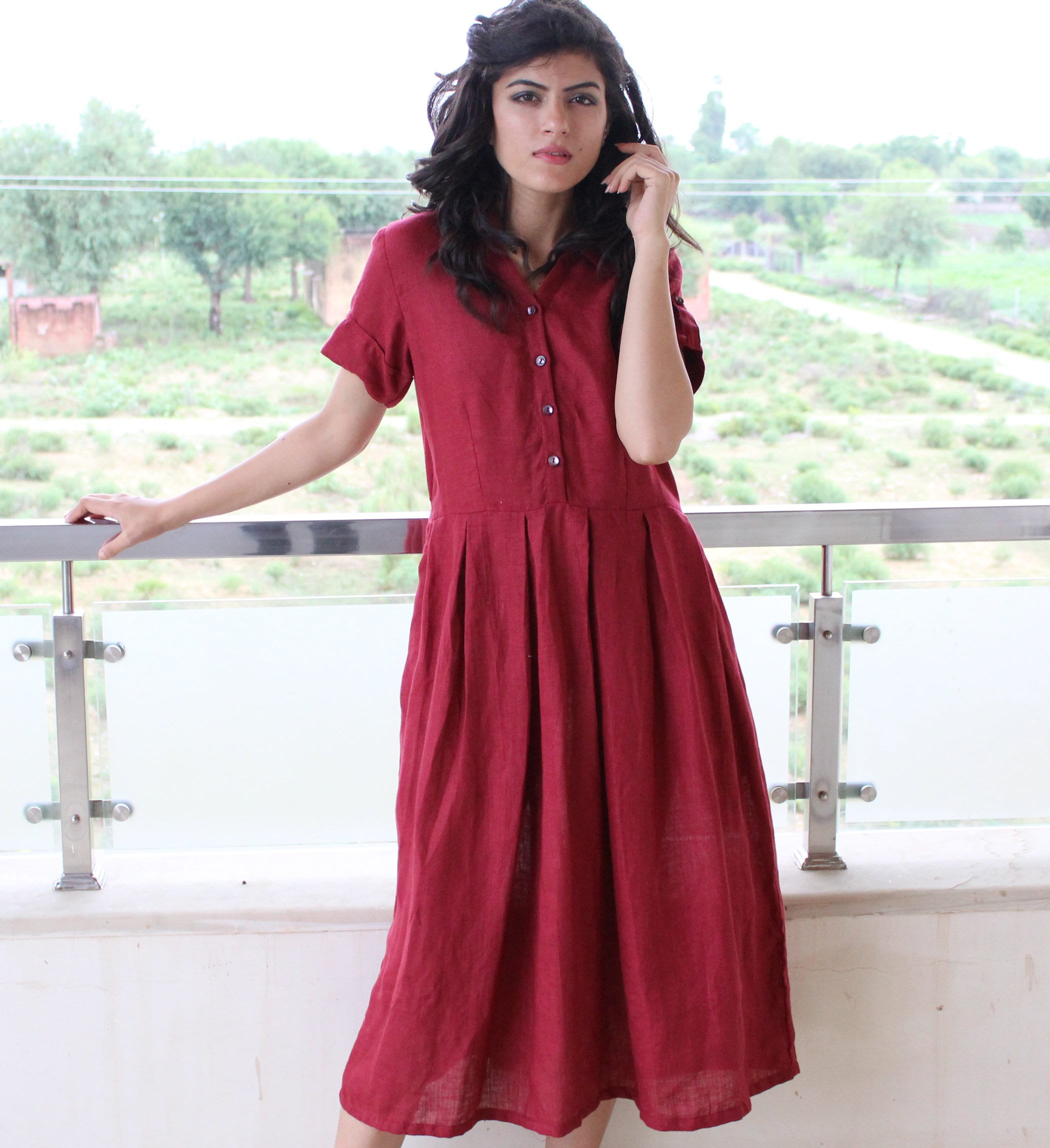 Linen Midi Dress With Shirt collar and Half sleeves, Linen Shirt Dress, Pleated Skirt Dress with Pockets, Empire Tunic, Handmade Outfit