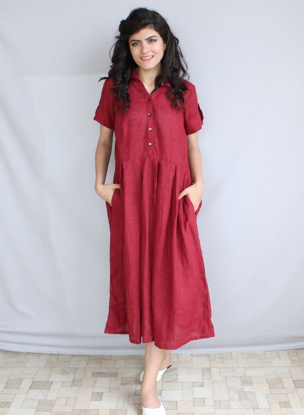Pleated Linen Shirt Collar Dress