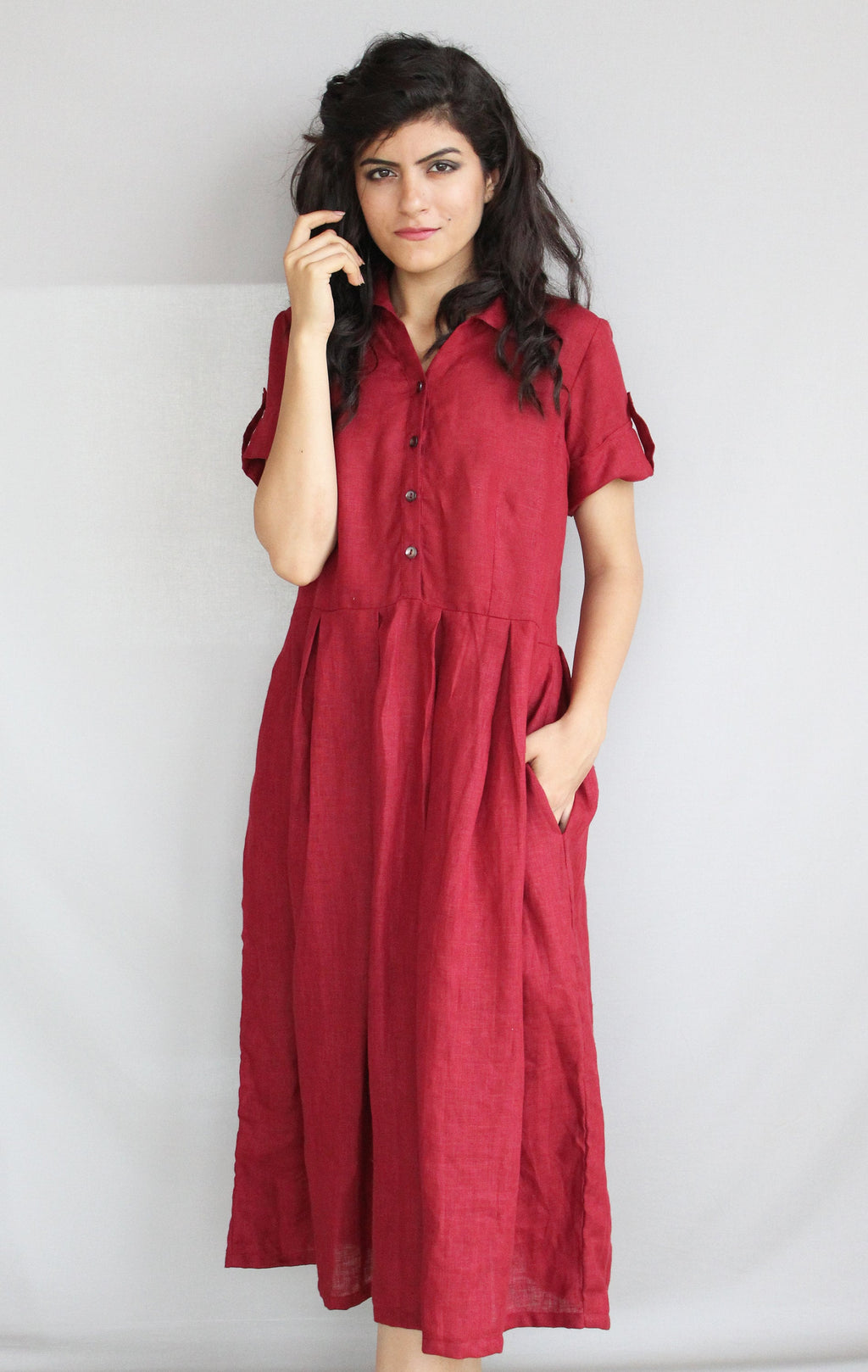 Linen Midi Dress With Shirt collar and Half sleeves, Linen Shirt Dress, Pleated Skirt Dress with Pockets, Empire Tunic, Handmade Outfit