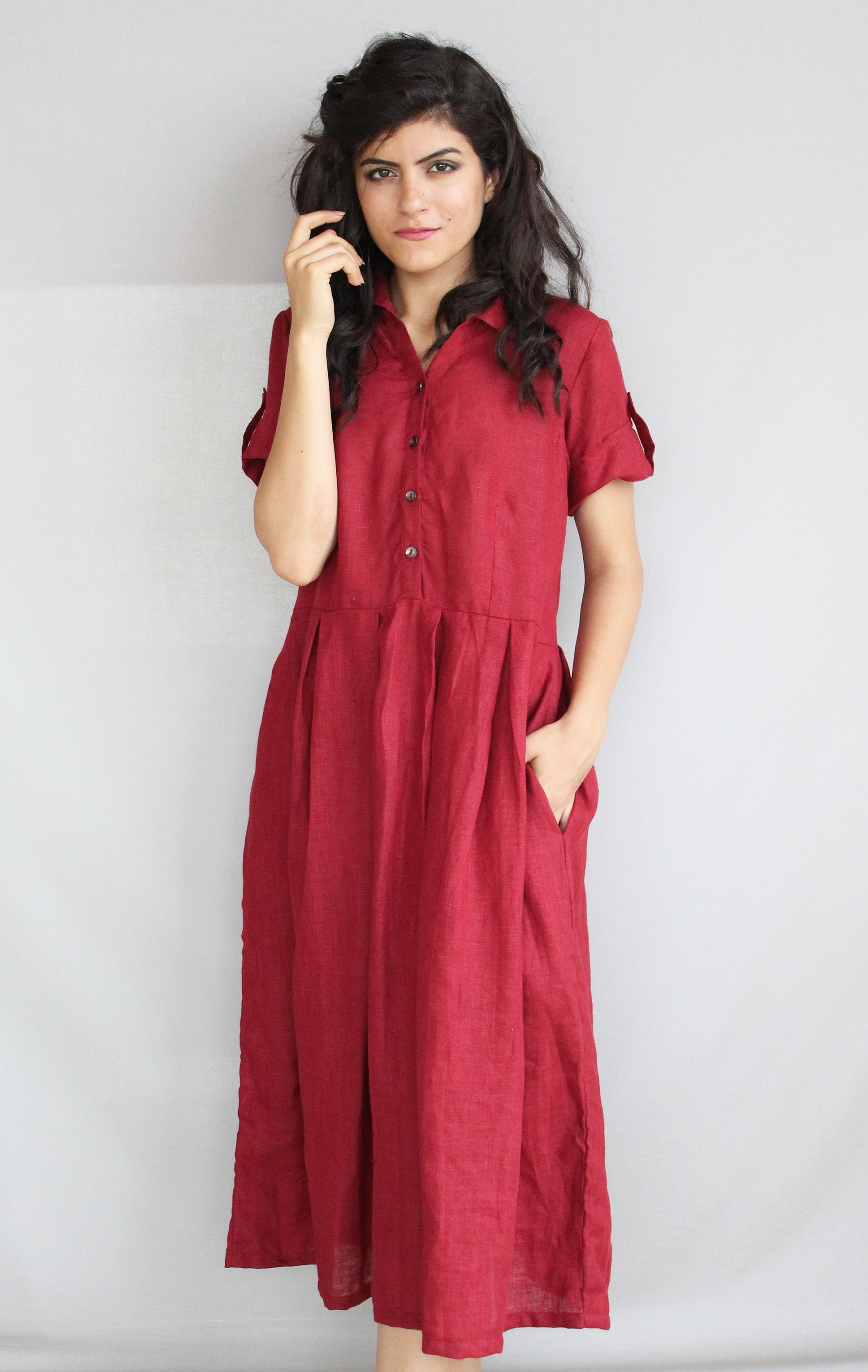 Linen Midi Dress With Shirt collar and Half sleeves, Linen Shirt Dress, Pleated Skirt Dress with Pockets, Empire Tunic, Handmade Outfit