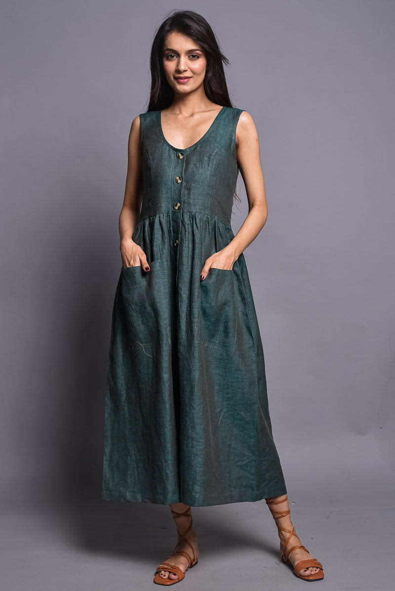 Green Sleeveless Linen Midi Dress