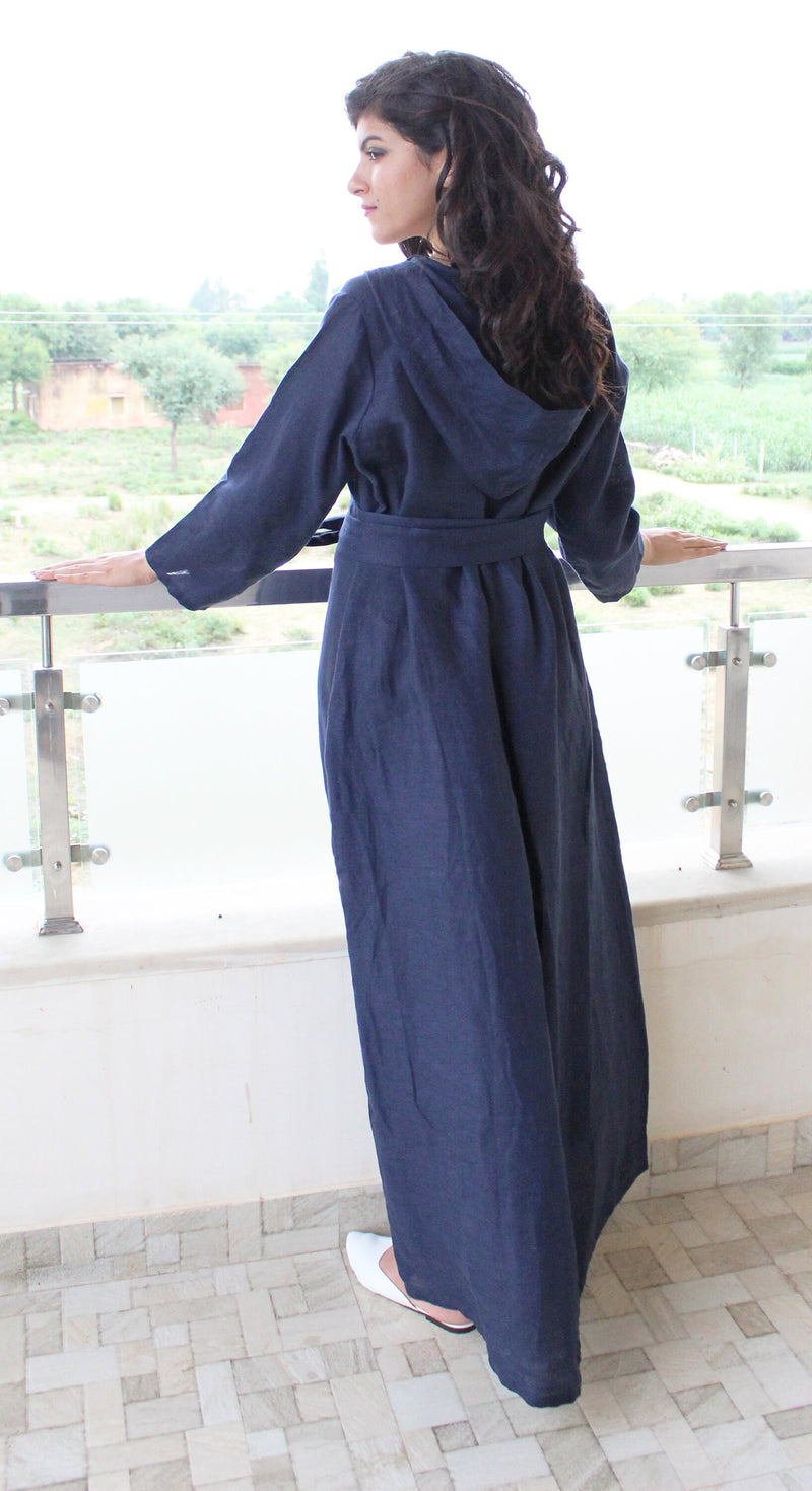Women’s Linen Maxi Dress with Hood, Boho Long Sleeve Full Length Dress, Long Maxi Dress, Blue Linen Dress, Linen Hoodie Dress