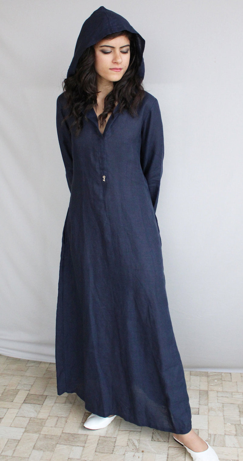 Women’s Linen Maxi Dress with Hood, Boho Long Sleeve Full Length Dress, Long Maxi Dress, Blue Linen Dress, Linen Hoodie Dress
