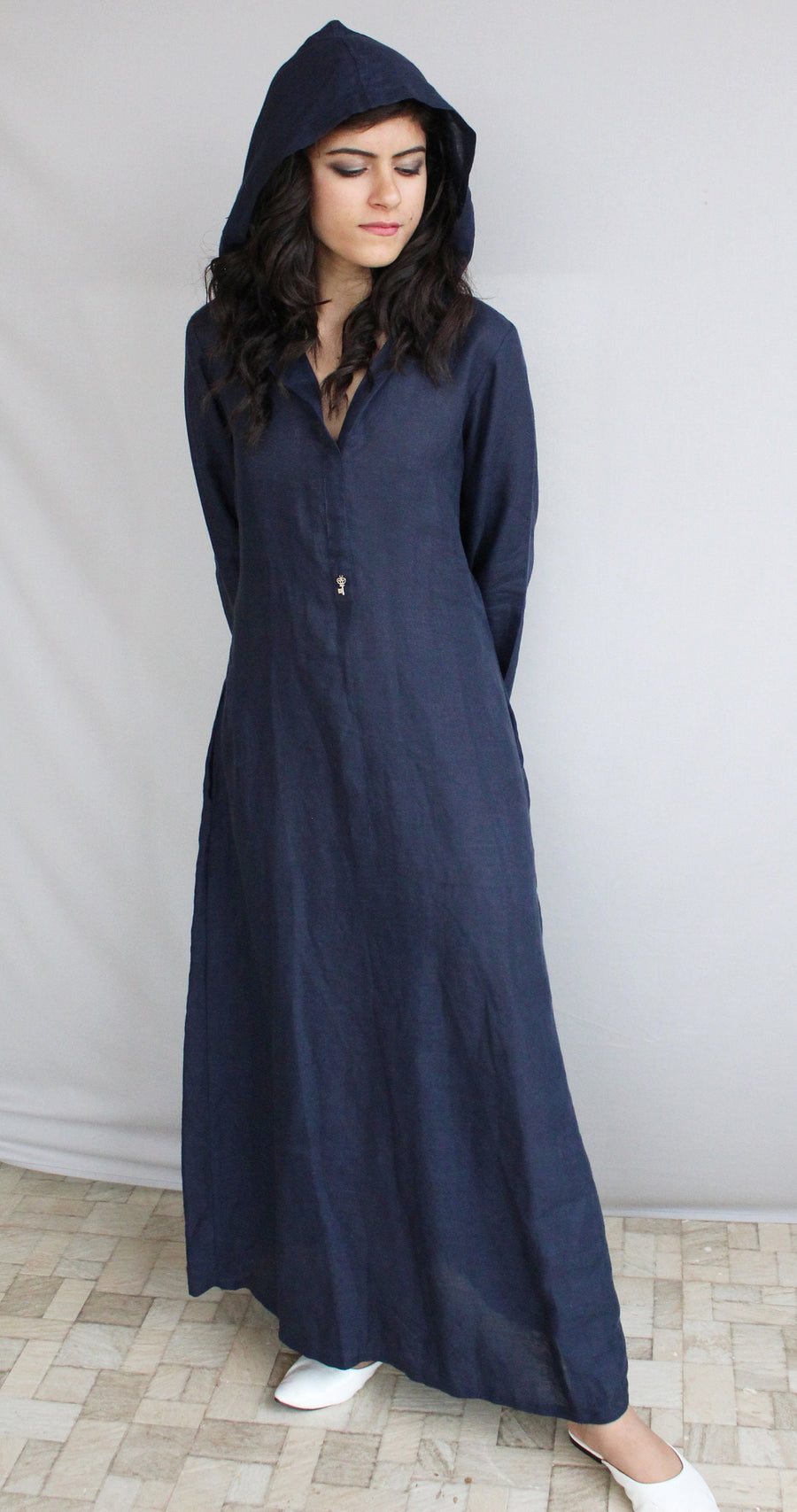 Women’s Linen Maxi Dress with Hood, Boho Long Sleeve Full Length Dress, Long Maxi Dress, Blue Linen Dress, Linen Hoodie Dress