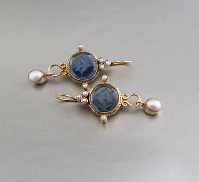 Blue Intaglio Cameo Earrings, Antique Victorian Style, Dainty Gold, photo 5