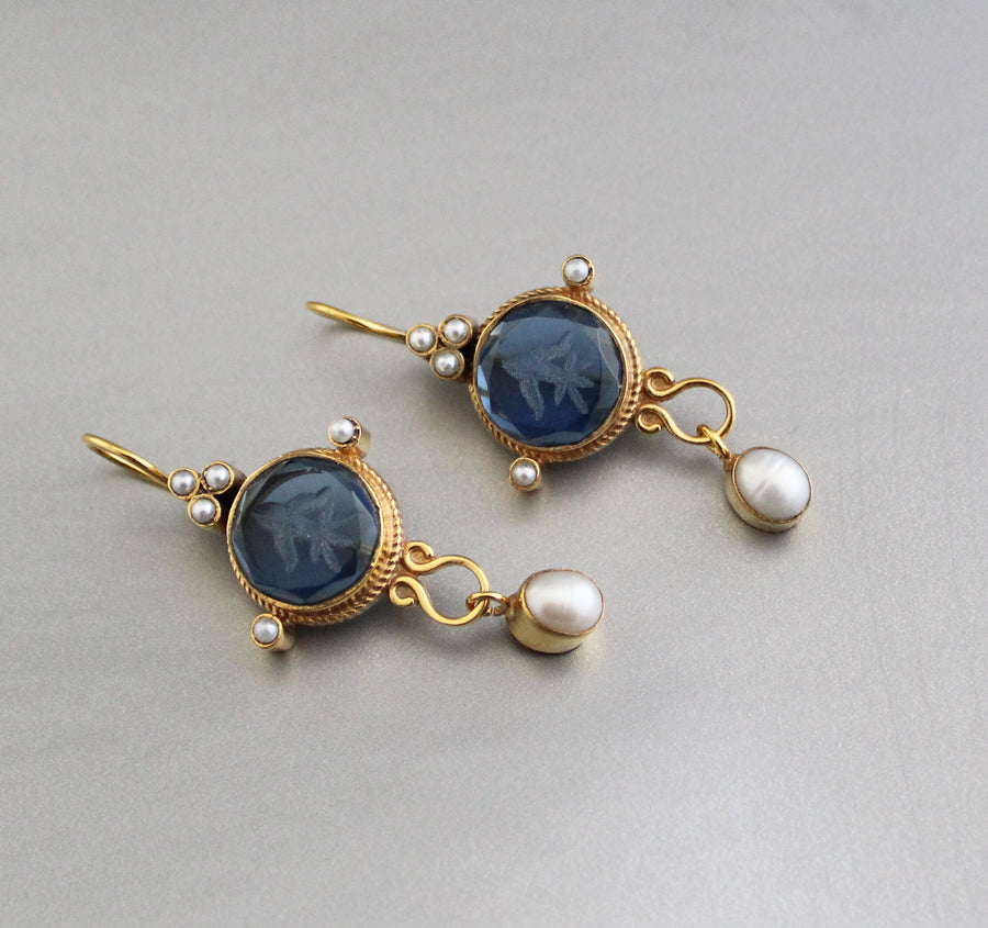 Blue Intaglio Cameo Earrings, Antique Victorian Style, Dainty Gold, photo 2
