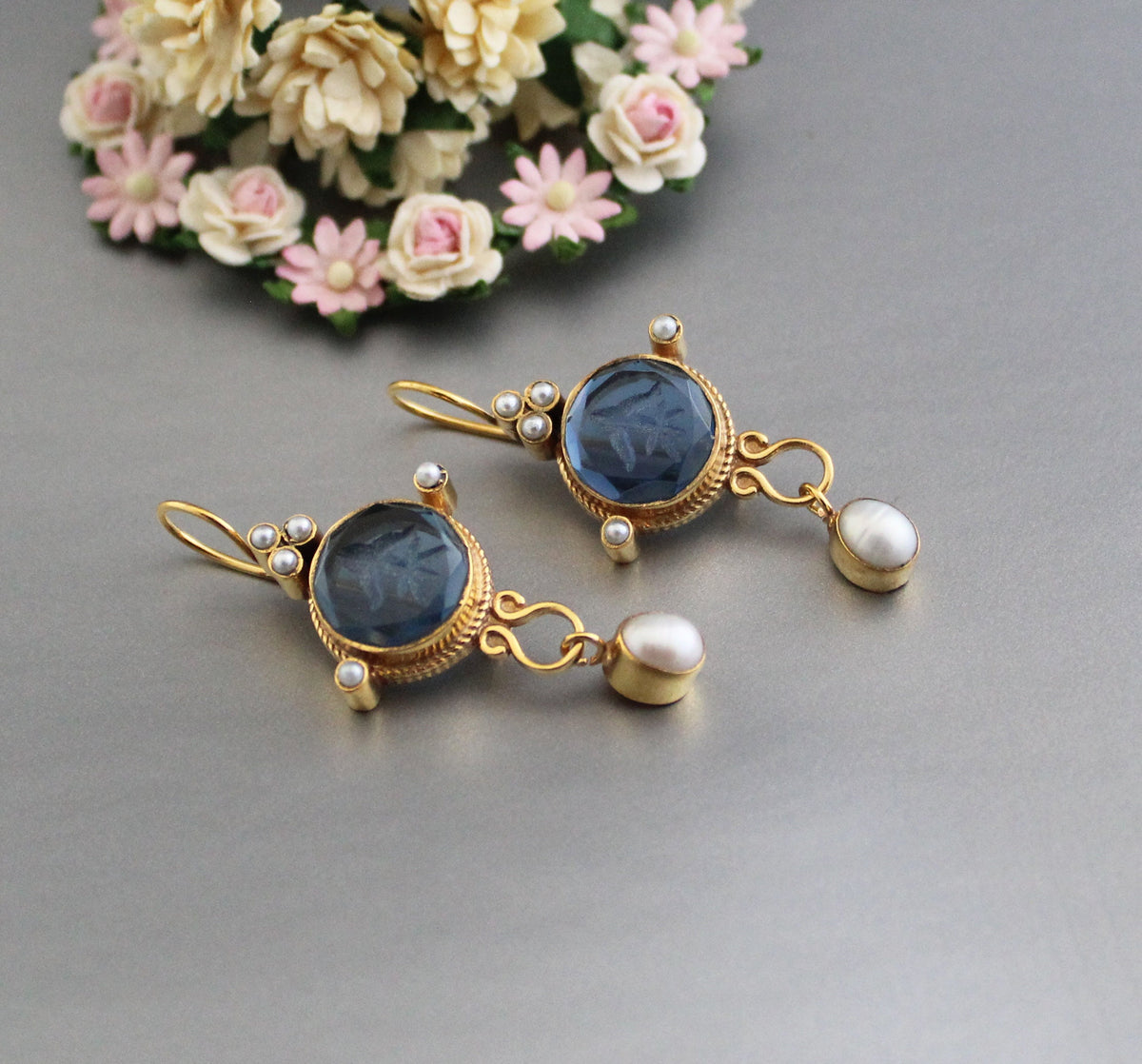 Blue Intaglio Cameo Earrings, Antique Victorian Style, Dainty Gold, photo 7