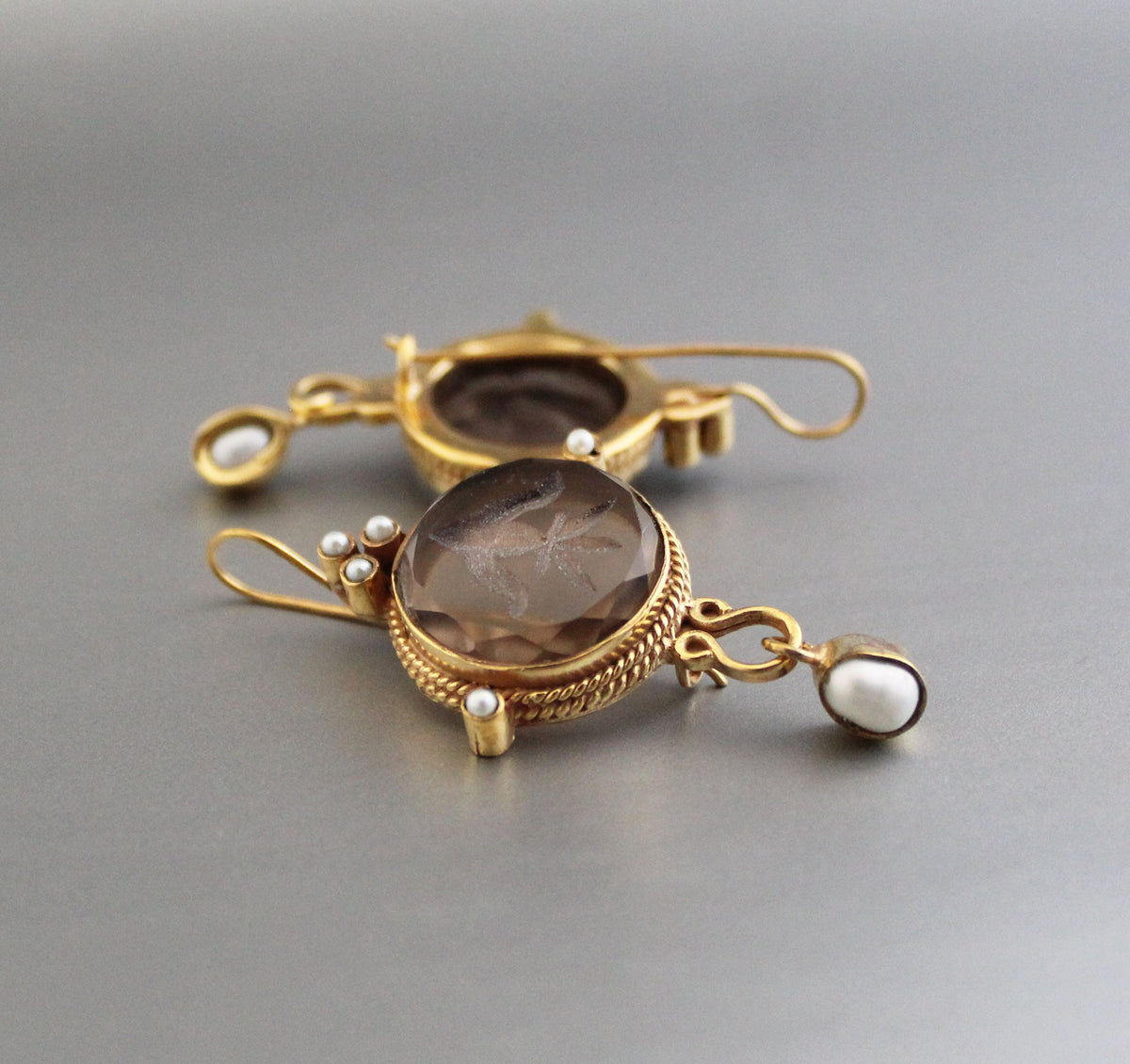 Intaglio Glass Earrings, Art Nouveau Style, Brass Dangles, photo 7