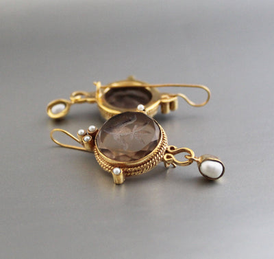 Intaglio Glass Earrings, Art Nouveau Style, Brass Dangles, photo 7