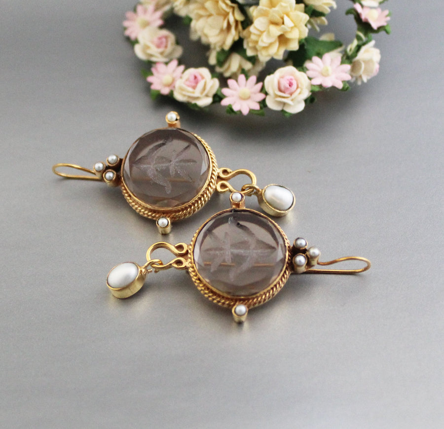 Intaglio Glass Earrings, Art Nouveau Style, Brass Dangles, photo 2