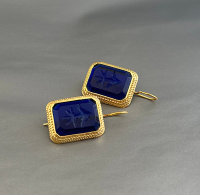 Blue Intaglio Earrings, Greek Roman Style, Dainty Gold, photo 4