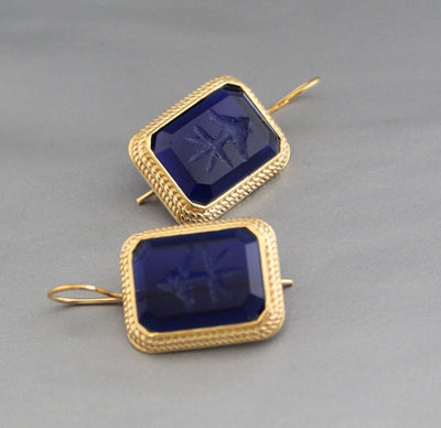 Blue Intaglio Earrings, Greek Roman Style, Dainty Gold, photo 8