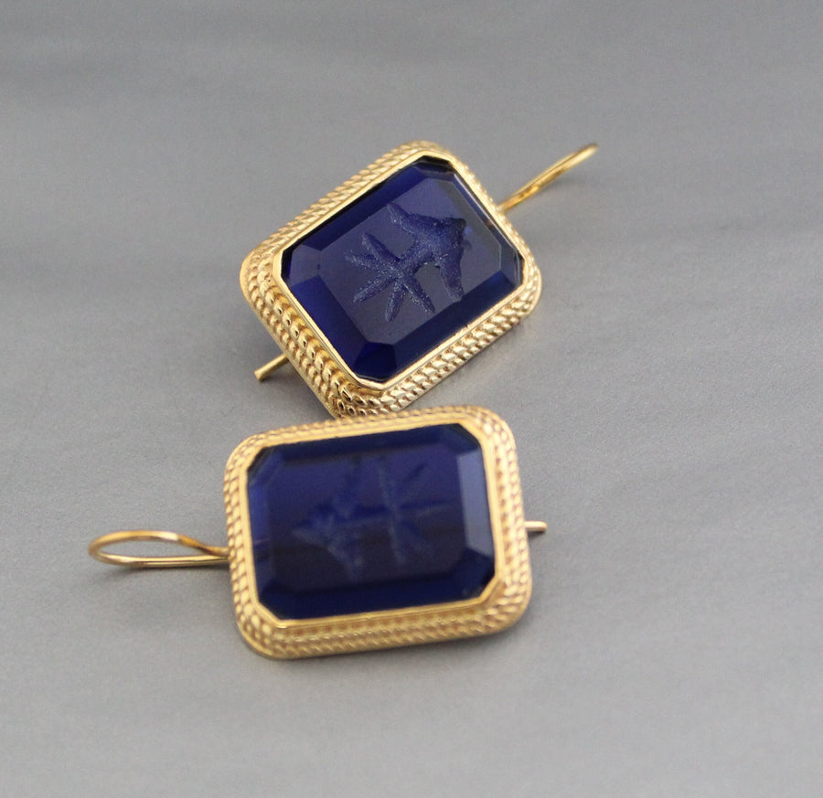 Blue Intaglio Earrings, Greek Roman Style, Dainty Gold, photo 8