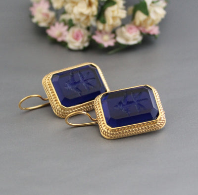 Blue Intaglio Earrings, Greek Roman Style, Dainty Gold