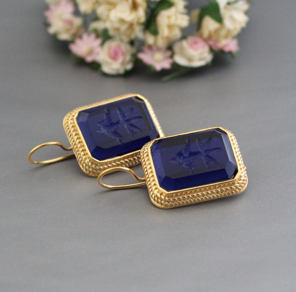 Blue Intaglio Earrings, Greek Roman Style, Dainty Gold