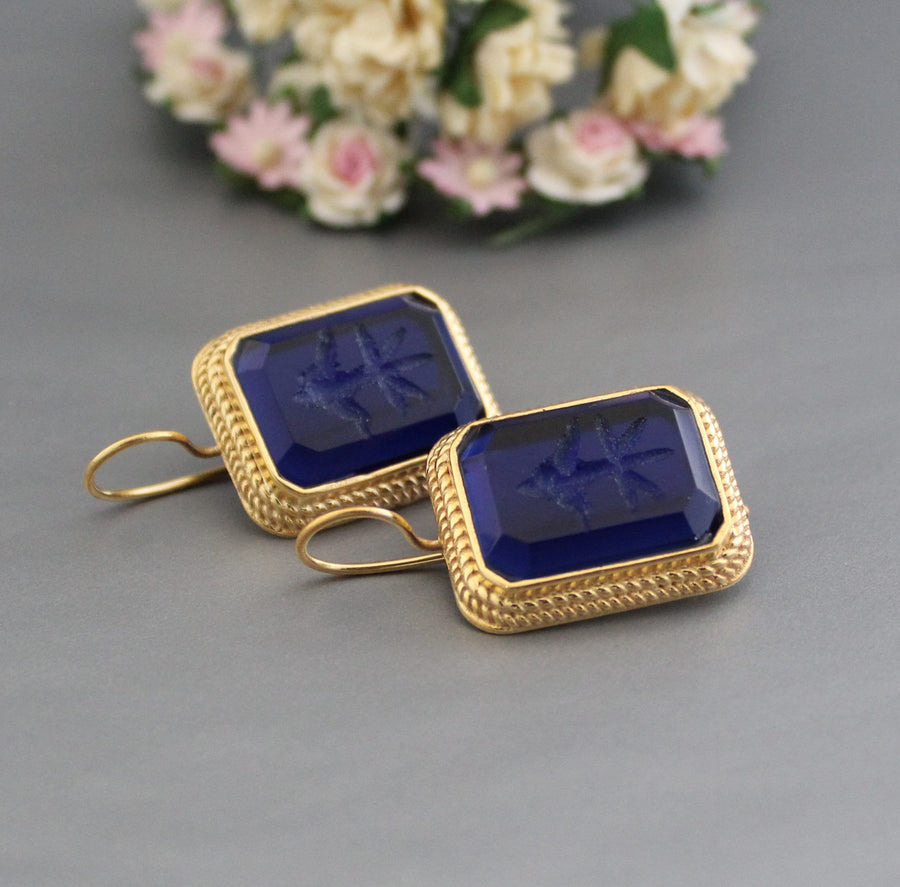 Blue Intaglio Earrings, Greek Roman Style, Dainty Gold