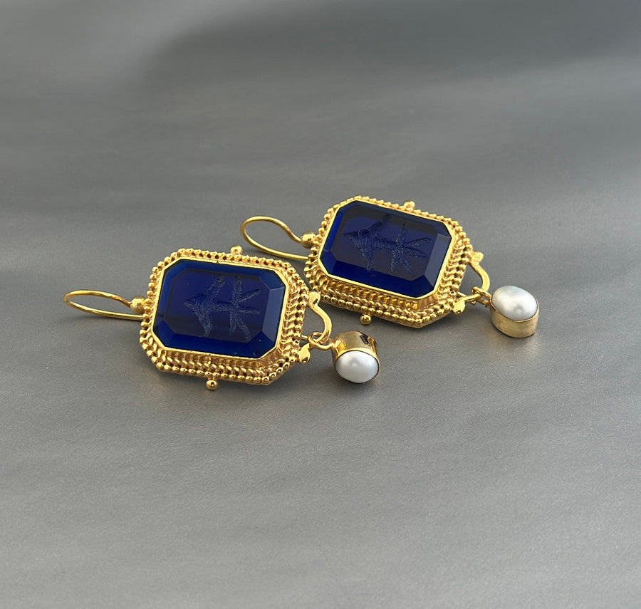 Indigo Blue Intaglio Earrings, Victorian Style, 18K Gold, photo 4