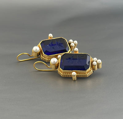 Blue Intaglio Crystal Earrings, Antique Victorian Style, photo 5