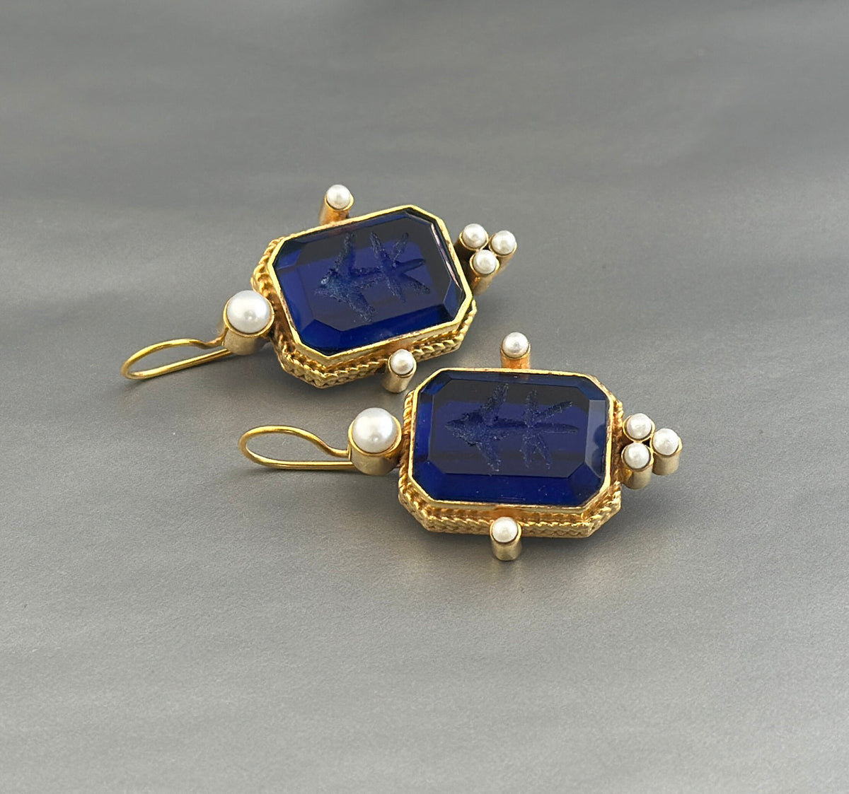 Blue Intaglio Crystal Earrings, Antique Victorian Style, photo 4