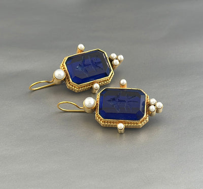 Blue Intaglio Crystal Earrings, Antique Victorian Style, photo 4