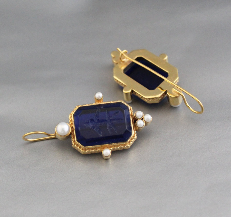 Blue Intaglio Crystal Earrings, Antique Victorian Style, photo 9