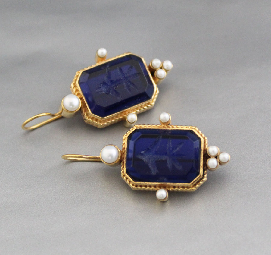Blue Intaglio Crystal Earrings, Antique Victorian Style, photo 8