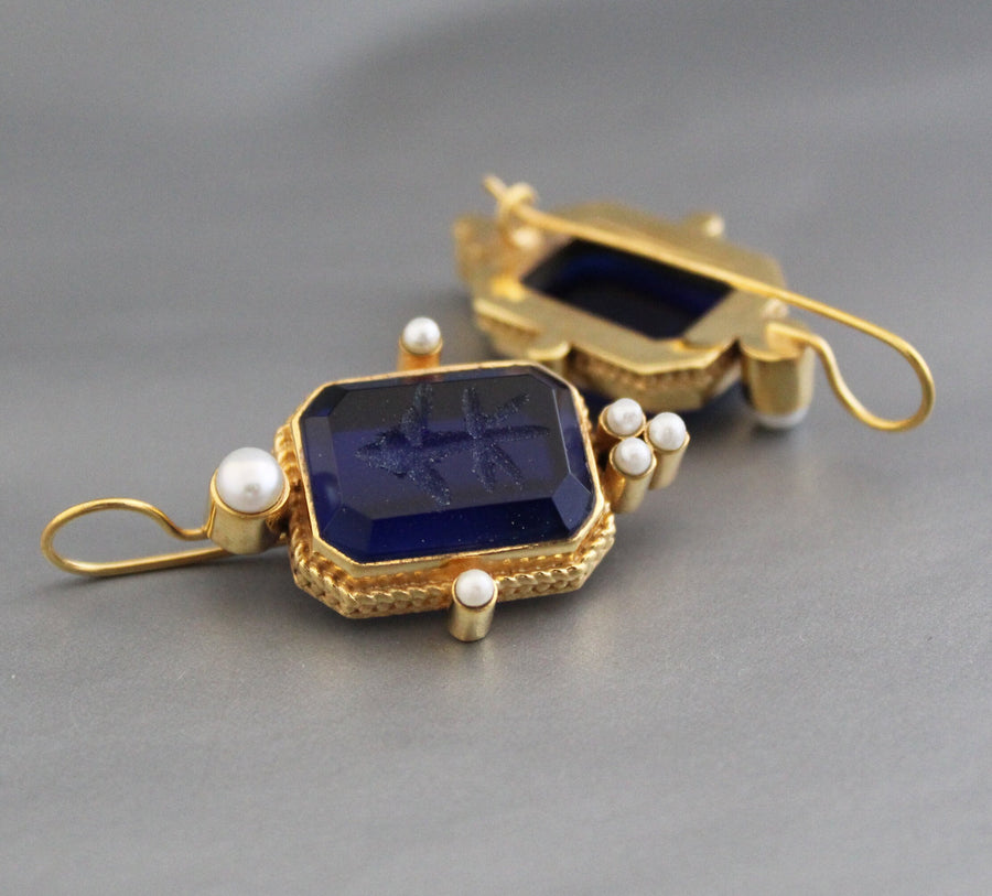Blue Intaglio Crystal Earrings, Antique Victorian Style, photo 10