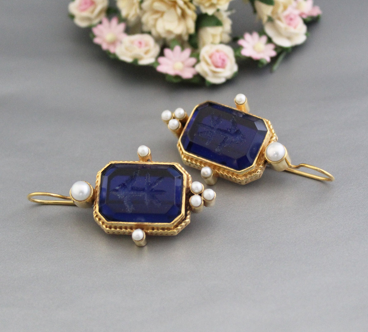 Blue Intaglio Crystal Earrings, Antique Victorian Style, photo 6
