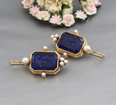 Blue Intaglio Crystal Earrings, Antique Victorian Style, photo 6