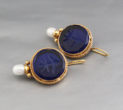 Sapphire Blue Intaglio Earrings, Victorian Drops, Antique Brass, photo 5