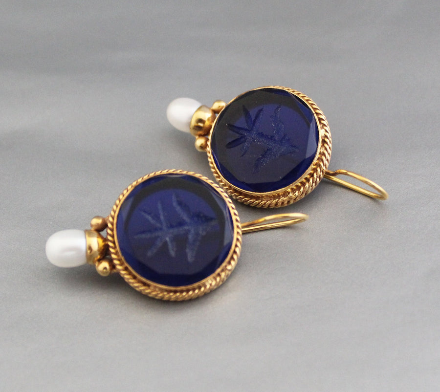 Sapphire Blue Intaglio Earrings, Victorian Drops, Antique Brass, photo 5