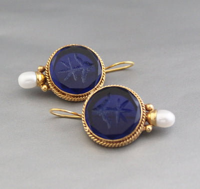 Sapphire Blue Intaglio Earrings, Victorian Drops, Antique Brass, photo 8