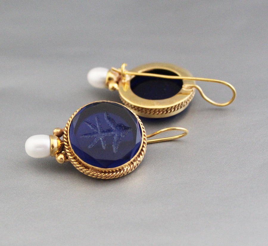 Sapphire Blue Intaglio Earrings, Victorian Drops, Antique Brass, photo 9