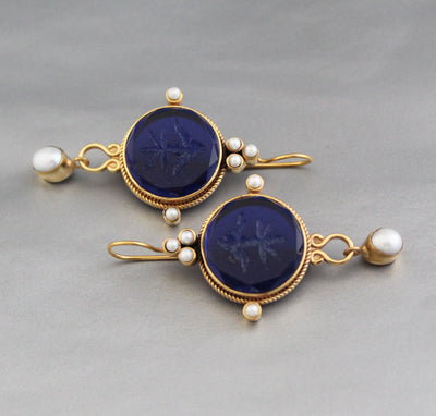 Blue Glass Intaglio Earrings, Vintage Bridal Pearl Drops, Brass, photo 9