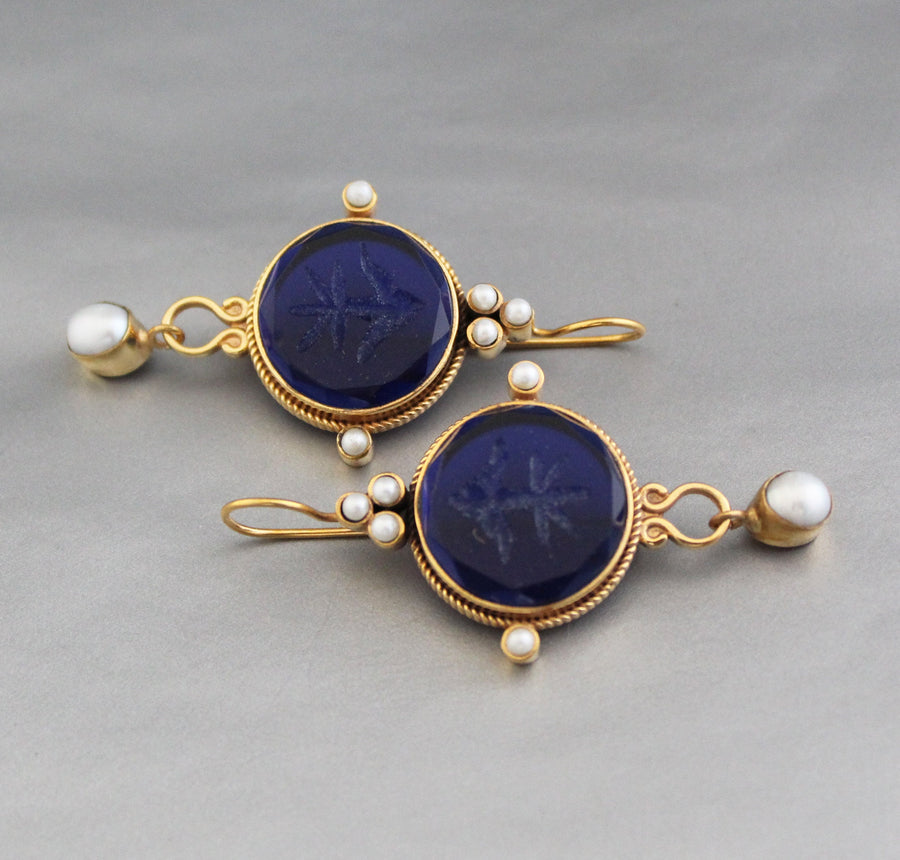 Blue Glass Intaglio Earrings, Vintage Bridal Pearl Drops, Brass, photo 9