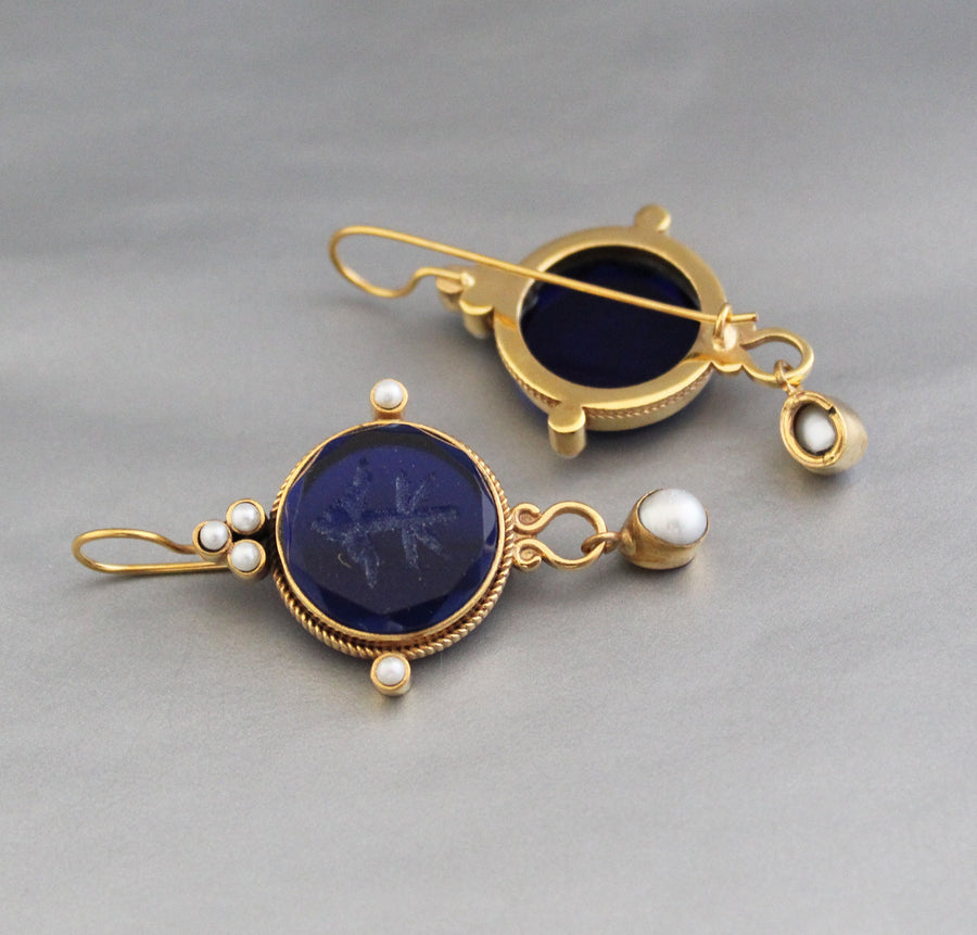 Blue Glass Intaglio Earrings, Vintage Bridal Pearl Drops, Brass, photo 10