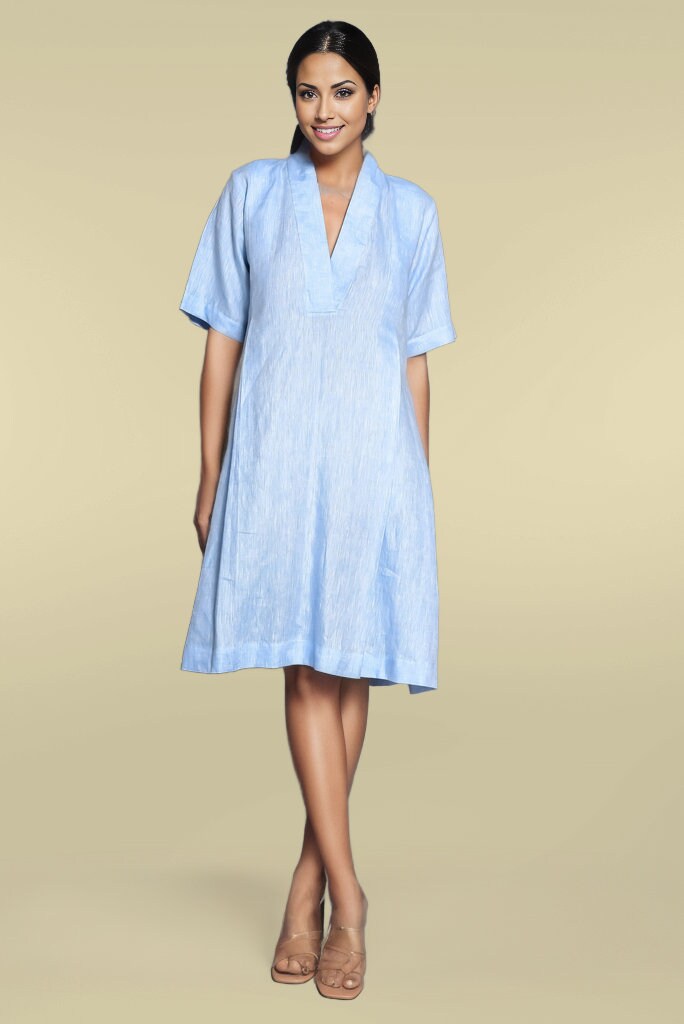 Loose Linen V-Neck Dress, Half Sleeve Flowy Dress with Pockets, Handmade Linen Midi Dress: Relaxed Fit V-Neck Tunic