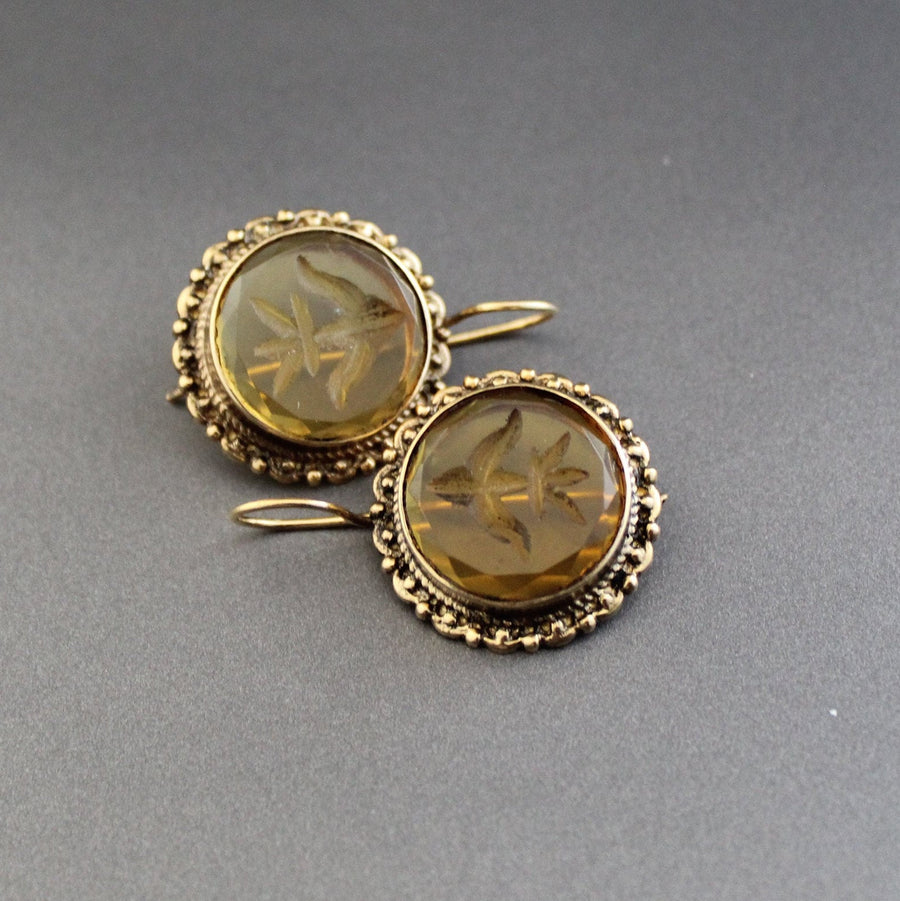 Yellow Intaglio Glass Earrings, Victorian Bridal Dangles, Brass, photo 6