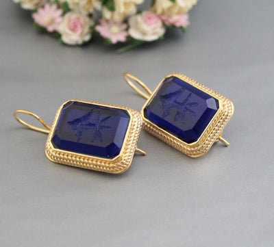 Blue Intaglio Earrings, Greek Roman Style, Dainty Gold, photo 6