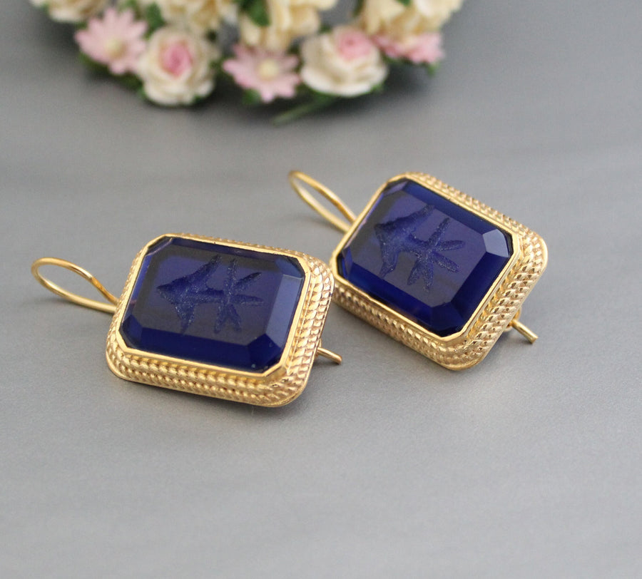 Blue Intaglio Earrings, Greek Roman Style, Dainty Gold, photo 6