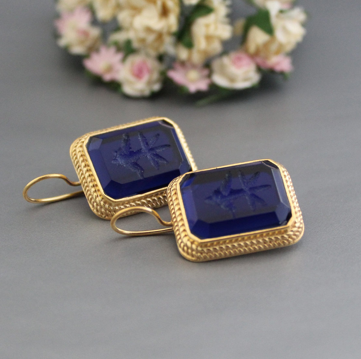 Blue Intaglio Earrings, Greek Roman Style, Dainty Gold, photo 7