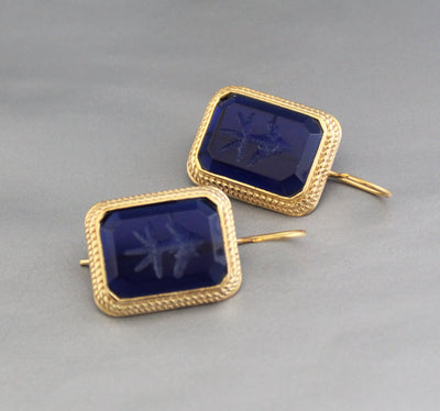 Blue Intaglio Earrings, Greek Roman Style, Dainty Gold, photo 2