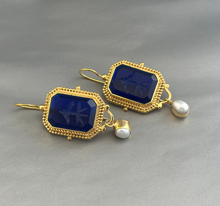 Indigo Blue Intaglio Earrings, Victorian Style, 18K Gold, photo 5
