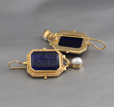 Indigo Blue Intaglio Earrings, Victorian Style, 18K Gold, photo 8