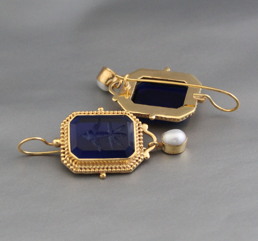 Indigo Blue Intaglio Earrings, Victorian Style, 18K Gold, photo 8