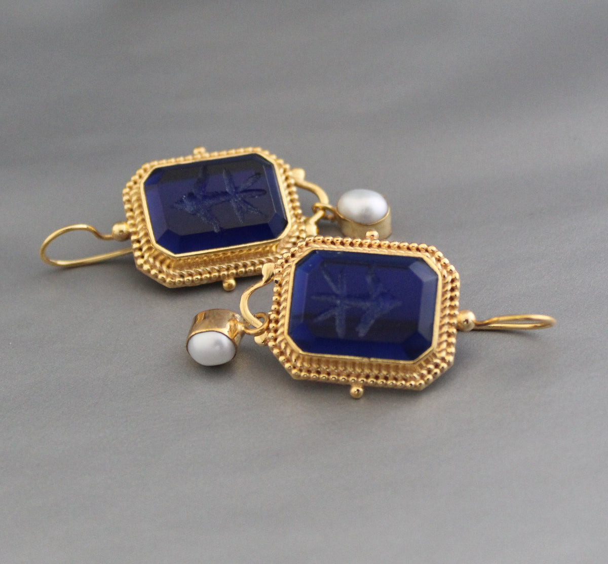 Indigo Blue Intaglio Earrings, Victorian Style, 18K Gold, photo 7